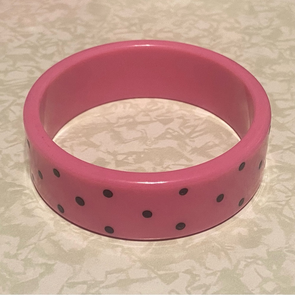 Vintage Pink & Black Polka Dot Plastic Bangle Bracelet #7056 - Picture 6 of 11